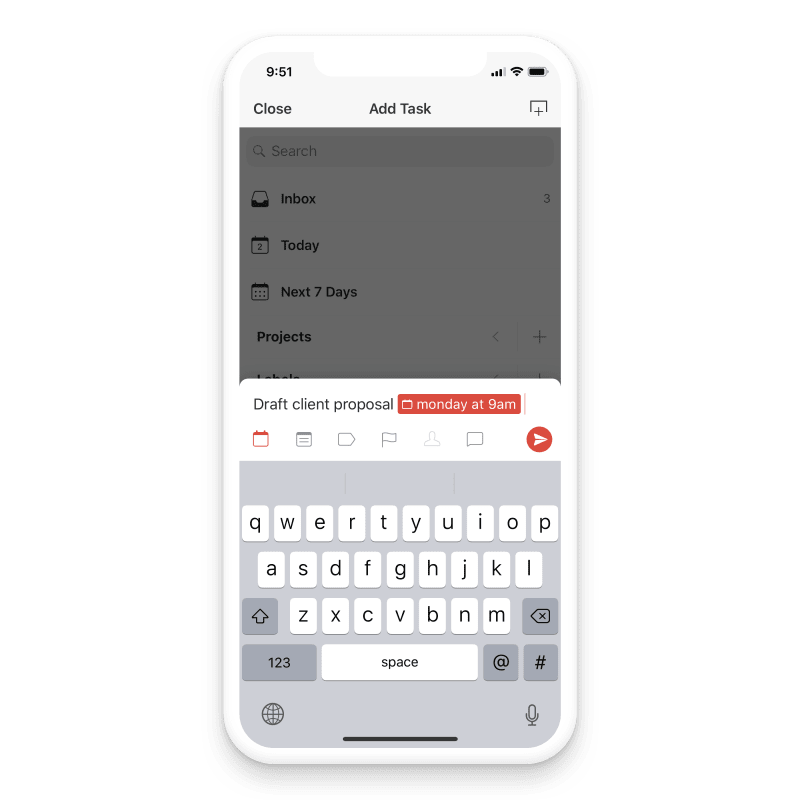 Smart date recognition feature from Todoist to quickly schedule tasks in mobile 