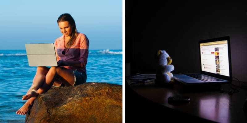 Image credit left: <a href="https://www.pexels.com/photo/beach-lady-laptop-leisure-319917/">Oleksandr Pidvalnyi</a>, Image credit right: <a href="https://pixabay.com/photos/bear-computer-night-lilac-dark-2382779/">Dan Fa</a>