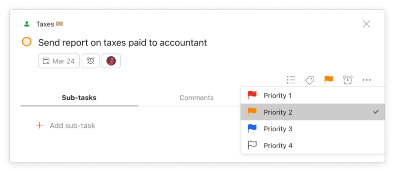 Make sure you meet your tax deadlines by giving your task a <a href="https://www.todoist.com/help/articles/introduction-to-priorities-Wy82Jp">priority</a>.