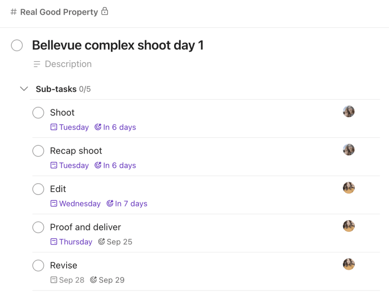 Photoshoot task with subtasks