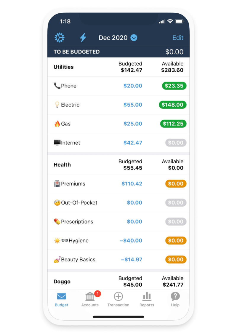 Budget categories in YNAB
