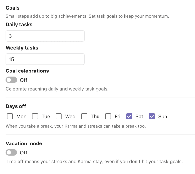 Todoist productivity settings