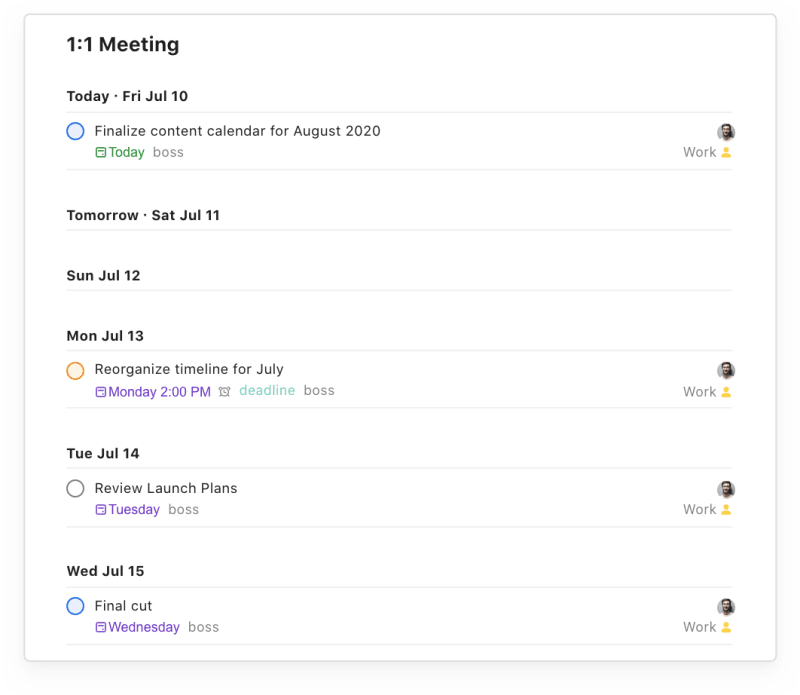 A view of tasks in the filter for 1:1 Meetings
