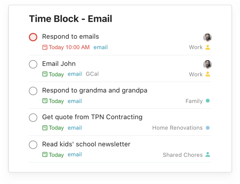 A view of tasks in an email time block filter