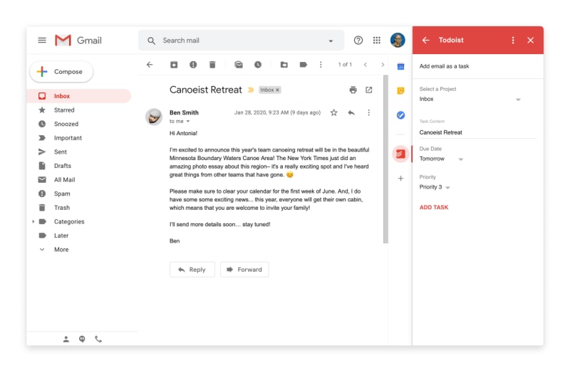 Transformez vos e-mails en tâches Todoist sans quitter Gmail.