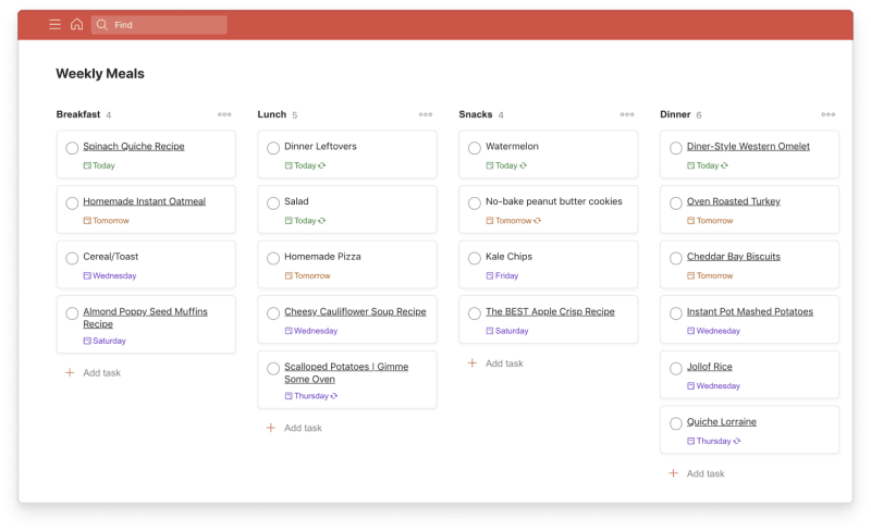 You can use Todoist to plan meals your favorite meals and arranging and rearrange them for the week using <a href="https://www.todoist.com/productivity-methods/kanban">Boards</a> view.