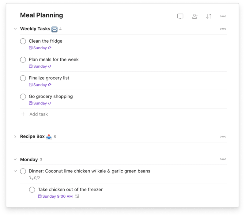 This is <a href="https://www.todoist.com/templates/meal-planning">the template</a> I use to plan out my meals for the week.