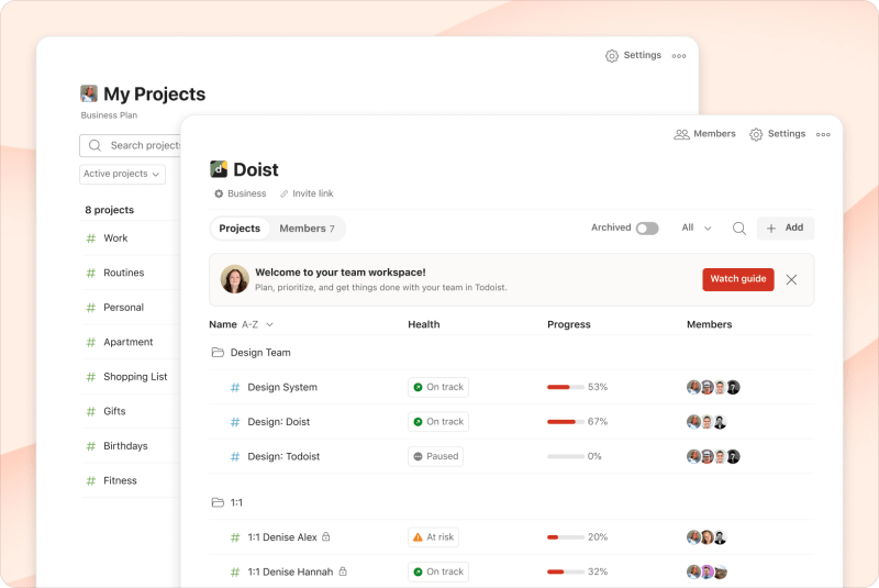 Todoist interface with my projects and team workspace