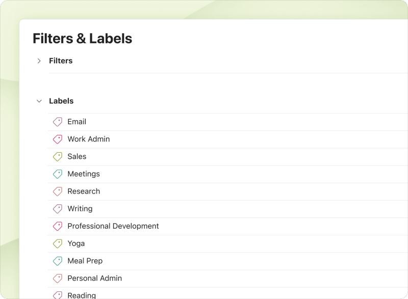 List of Todoist labels to categorize and batch tasks
