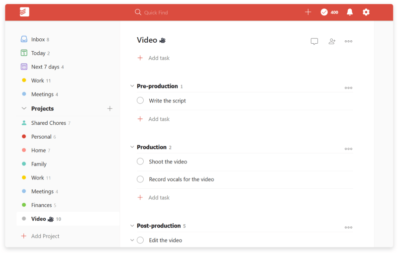 Organize your tasks into sections so you can easily visualize your project.
