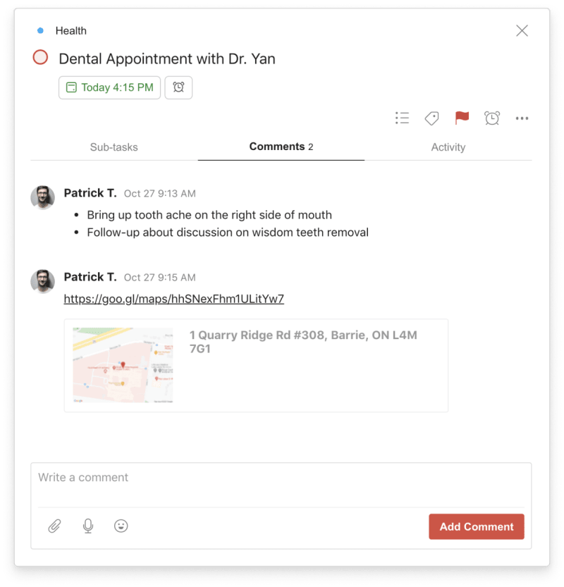 Use <a href="https://www.todoist.com/help/articles/add-a-project,-label,-or-filter-to-favorites-in-todoist-zezDfvSK">comments</a> in your doctor’s appointment tasks to keep all the details on hand.