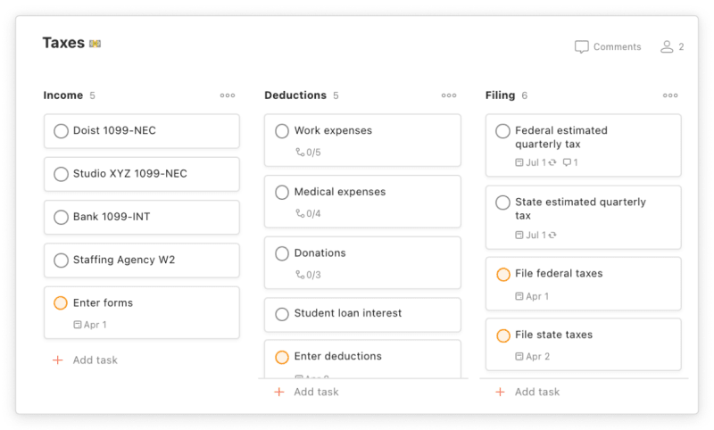 Use <a href="https://www.todoist.com/help/articles/use-the-board-layout-in-todoist-AiAVsyEI">Todoist Boards</a> to get a bird's eye view of your taxes.