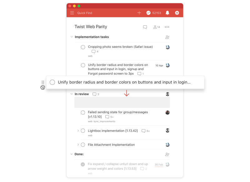 Move the task to the "In review" section
