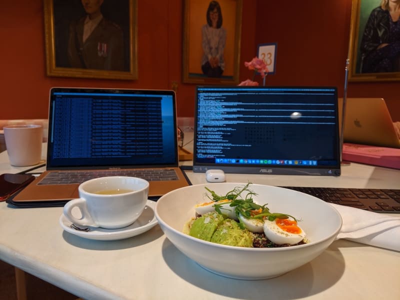 Tracy's workspace and lunch in London