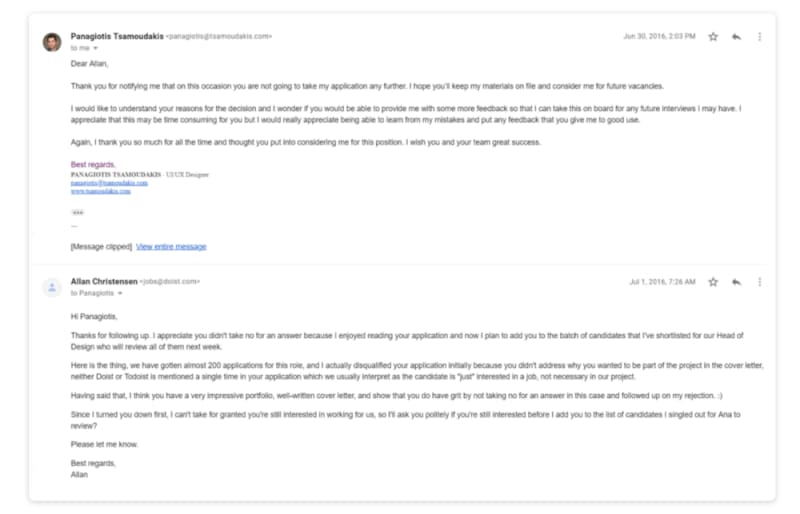 Panos turned an initial rejection into a job offer at Doist by asking for feedback.