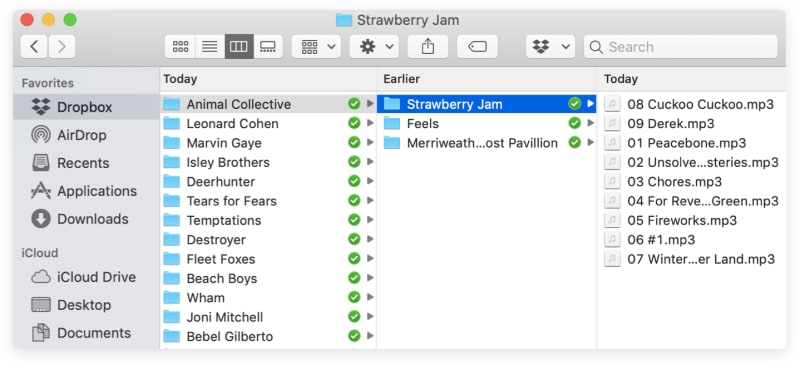 Music files, organized by artist, album, and track name