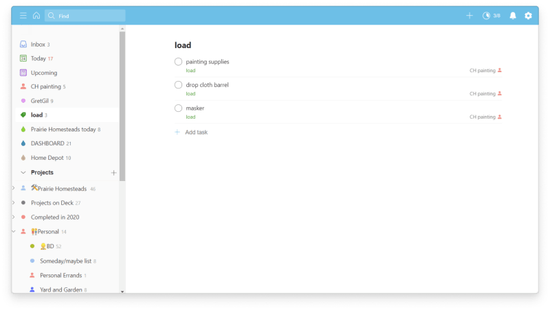Brad uses his @load <a href="https://www.todoist.com/help/articles/introduction-to-labels-dSo2eE">label</a> to tag any tool or part he and his son may need to bring from home for upcoming jobs.