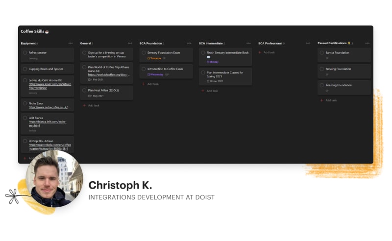 Doist developer Christoph's coffee skills board