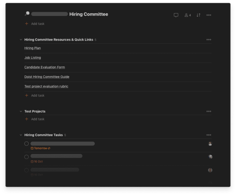 Doist CTO Gonçalo's Todoist project for organizing the hiring process for new developers