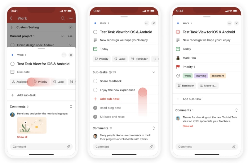 <em>The new Task view on Mobile demonstrating the new scrollable chips row, comment preview and listed task attributes.</em>