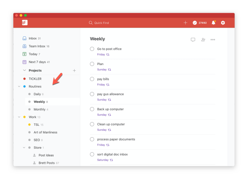 Brett’s weekly planning session in Todoist