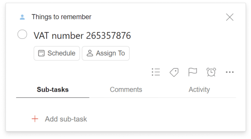 A <a href="https://www.todoist.com/help/articles/introduction-to-projects-TLTjNftLM">project</a> of “Things to Remember” gives Sian Zeng a shared space for documentation like their VAT.