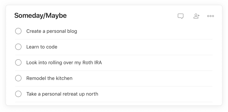 Créez un projet Plus tard/Un jour pour stocker vos idées pour l'avenir