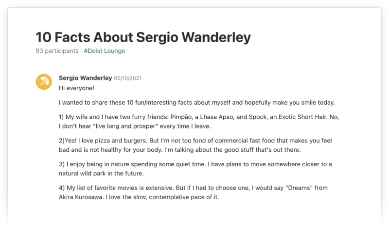 A screenshot of typical "!0 Facts" thread, featuring several facts about Todoister Sergio Wanderley, on topics like pets, food, nature, and movies. End description.