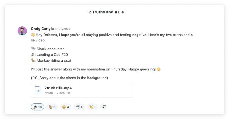 A screenshot is show of a Twist thread titled "Two truths and a lie." Todoister Craig shares 3 stories by attached video to begin the async game. End description.