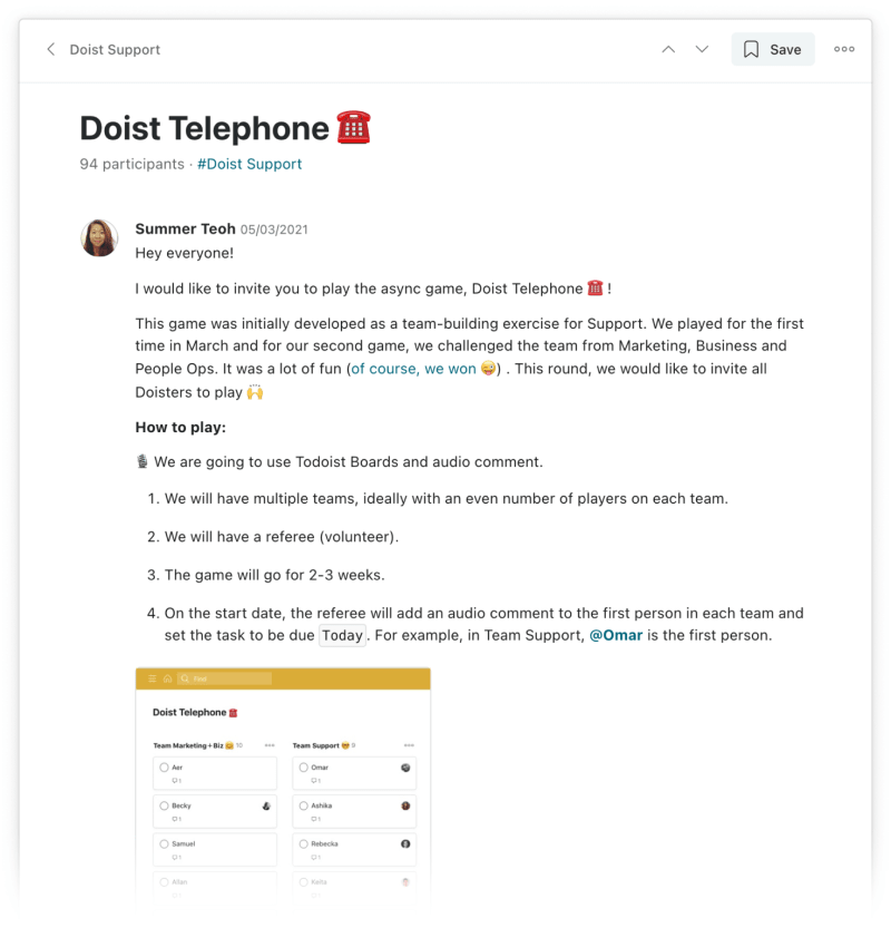 A screenshot is shown of a Twist thread with the title "Todoist telephone." Todoister Summer invites the team to play and explains the rules in detail in her post. End description.