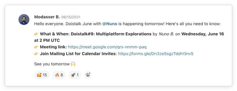 A screenshot shows an announcement for a Todoist Talk on Multiplatform Explorations. End description.