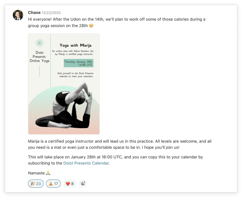 A screenshot shows a Twist message from Chase advertising a Todoist Presents event, "Yoga with Marija." End description.
