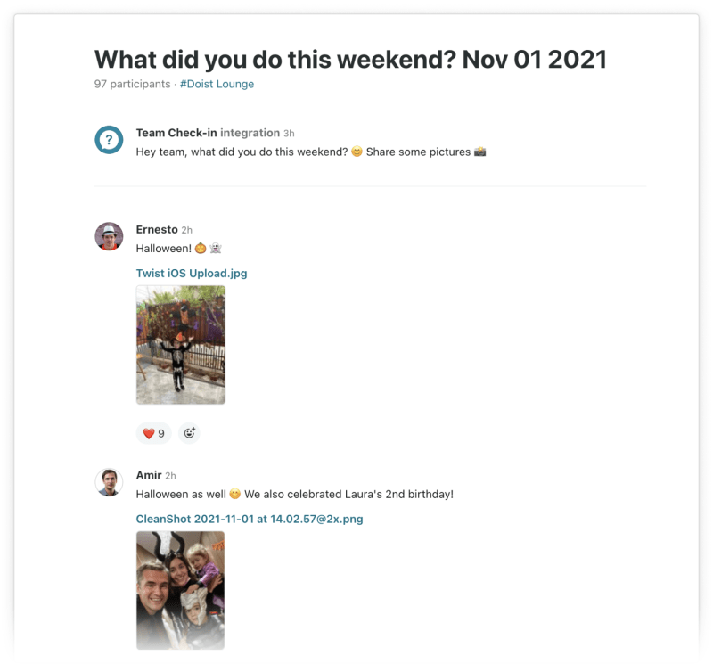 A screenshot of a Twist thread titled "What did you do this weekend? Nov 01 2021" is shown, with Todoisters sharing photos of family Halloween festivities. End description.