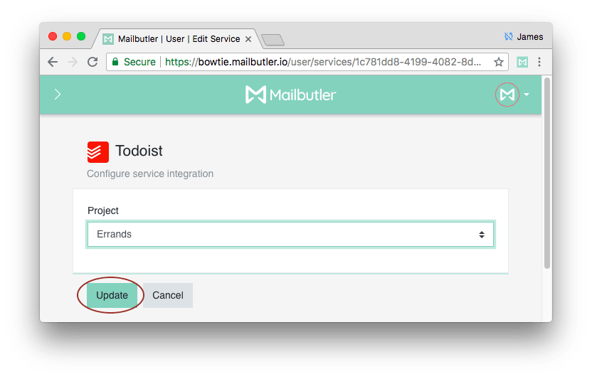 Select the Todoist projects you want to integrate with Mailbutler