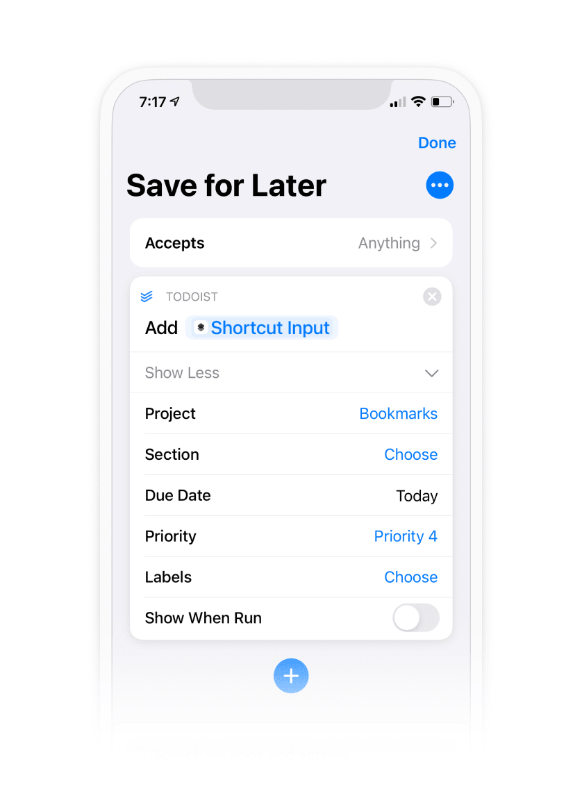 By enabling the <strong>Show in Share Sheet</strong> option from the <strong>three dots icon</strong>, Panos is able to select the shortcut from his share options anywhere on iOS!