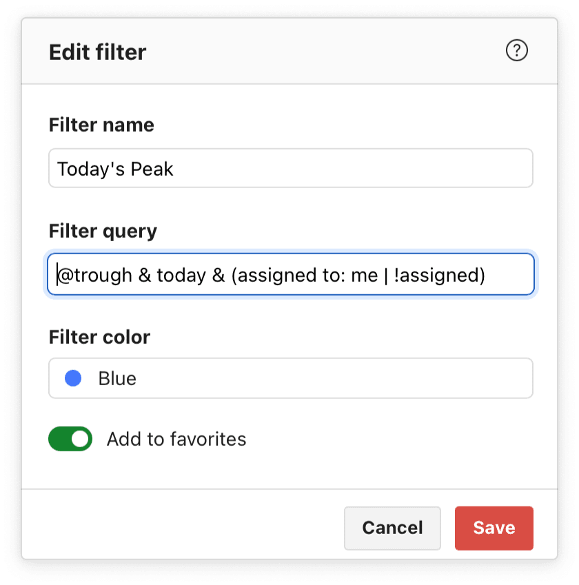 There are nearly endless <a href="https://www.todoist.com/help/articles/introduction-to-filters-V98wIH">filter options</a>, from keywords to due dates to assignees.