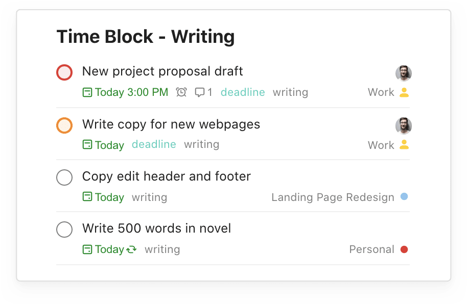 A view of tasks in a writing time block filter