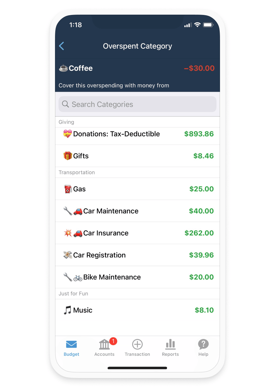 Overspent? No sweat. Move money between categories to cover overspending as it happens.