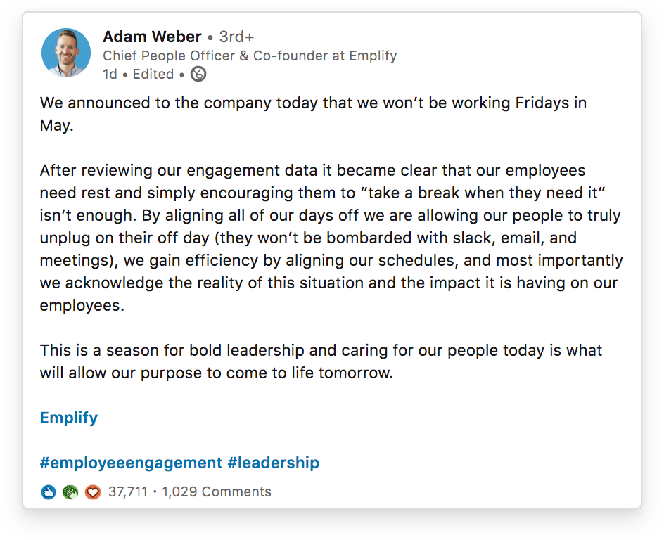 Emplify’s announcement of its 4-day workweek