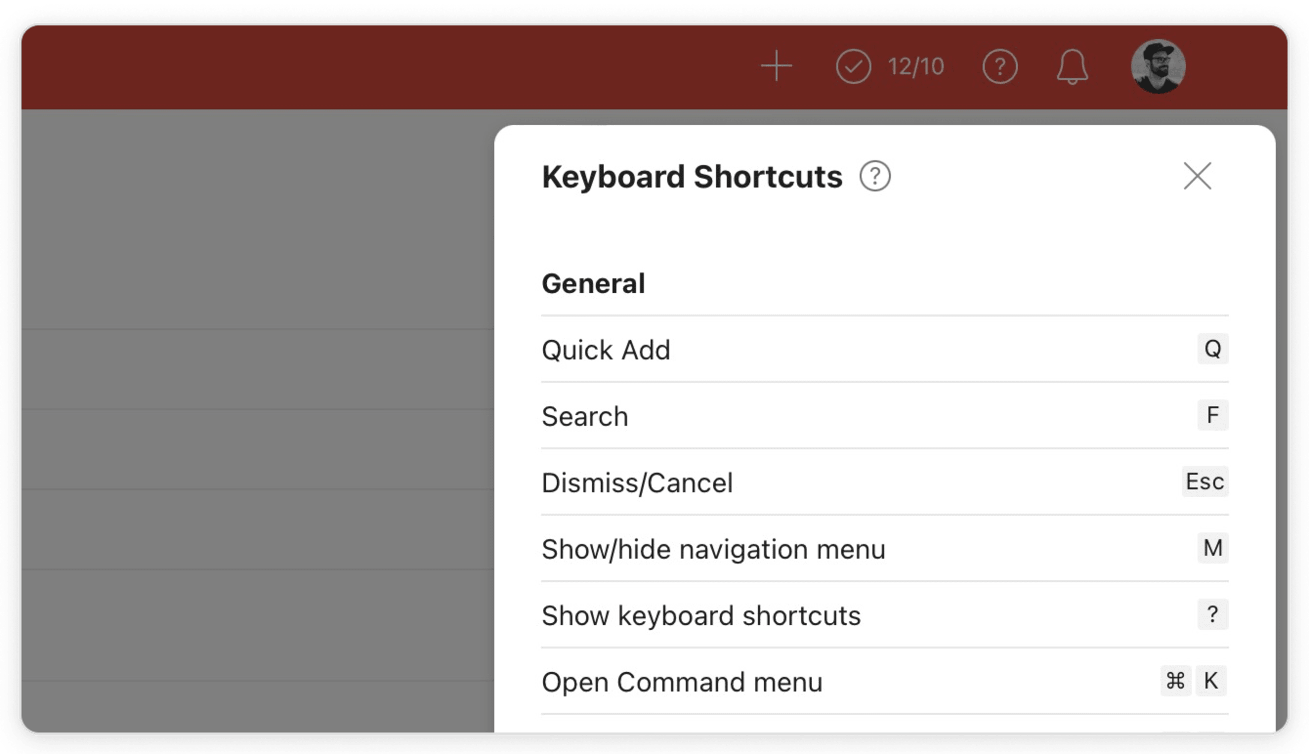 Shortcuts modal