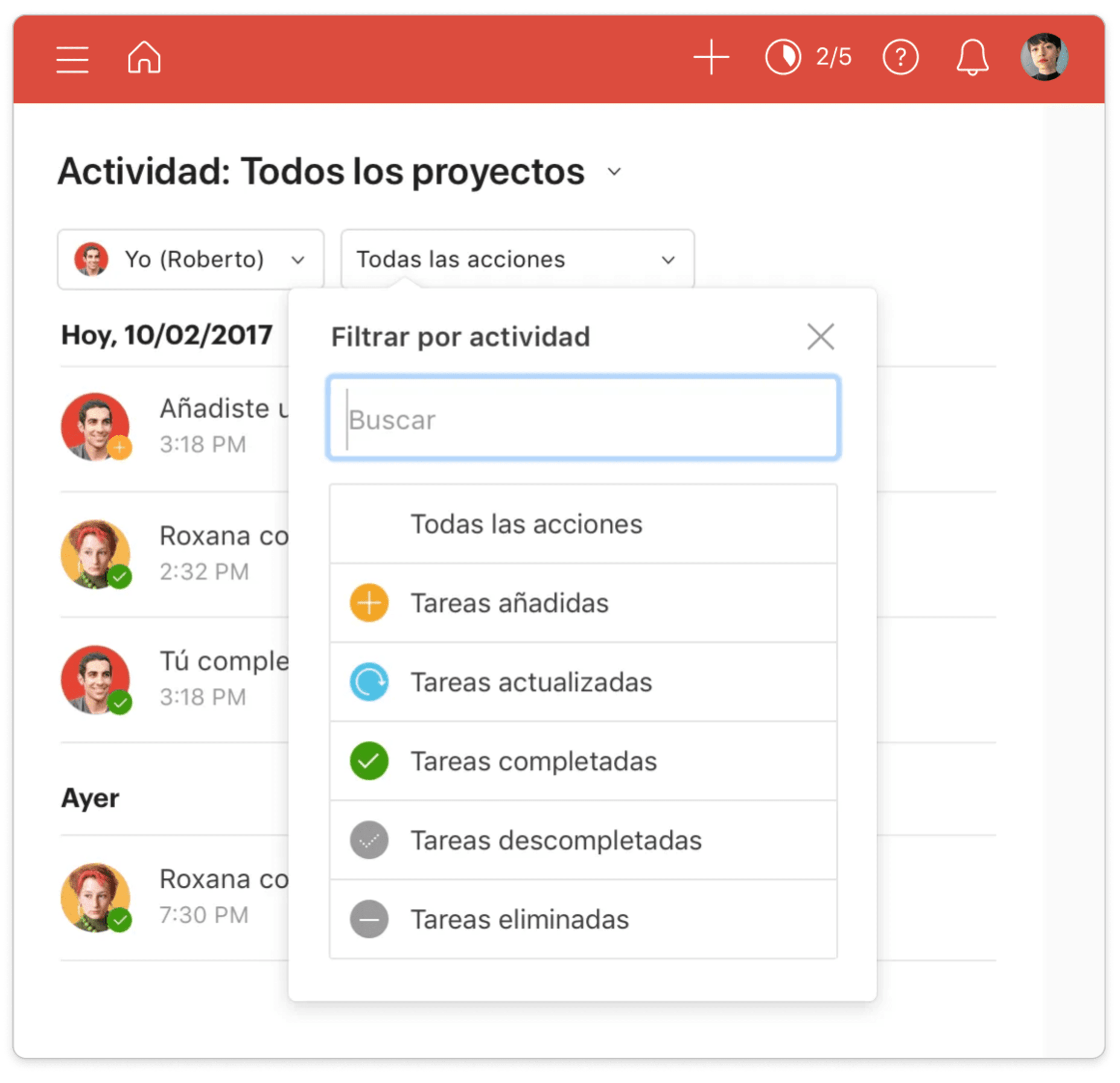 interfaz de usuario de la característica registro de actividad de todoist pro
