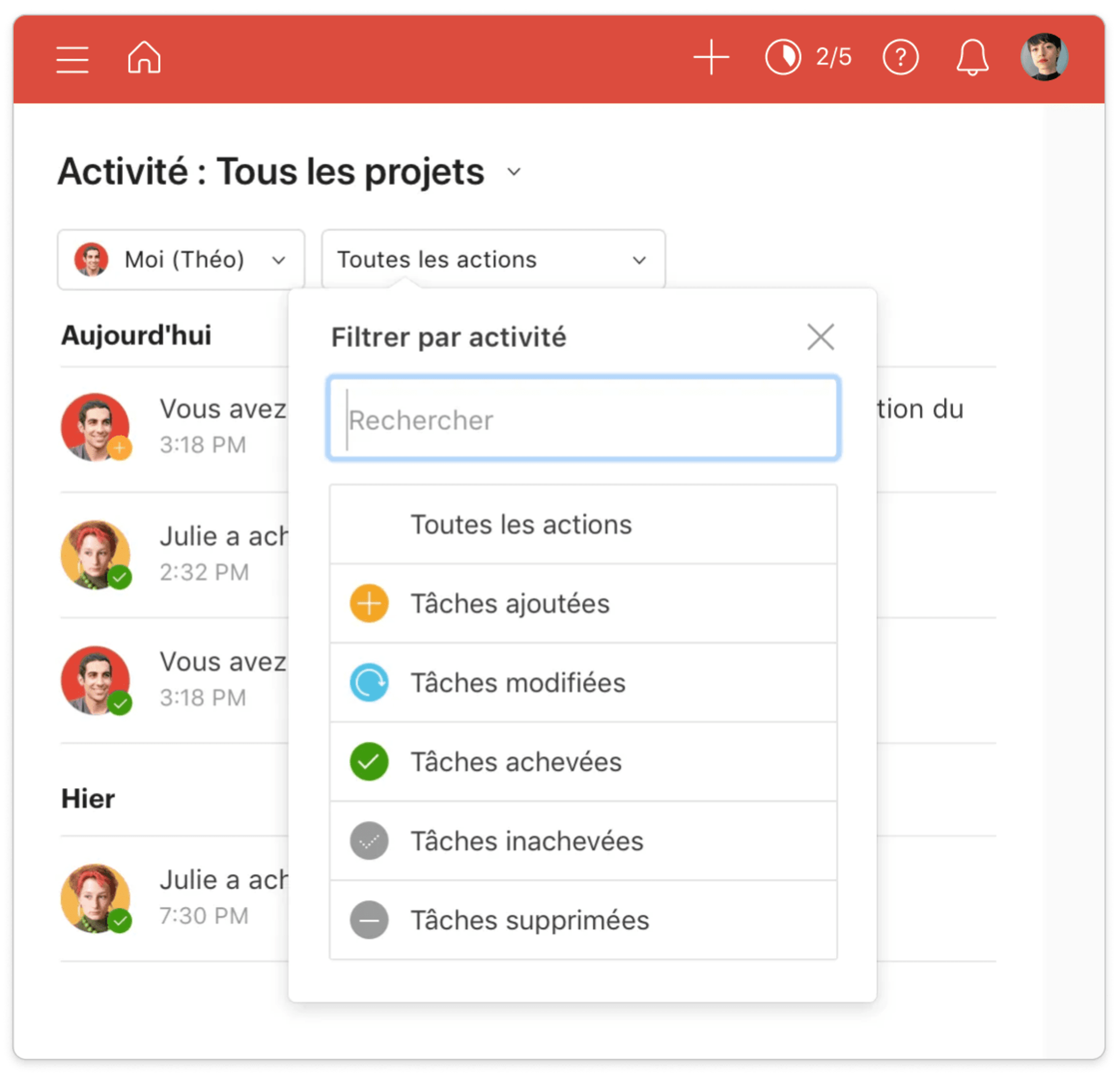 interface utilisateur du journal d'activités de Todoist Pro