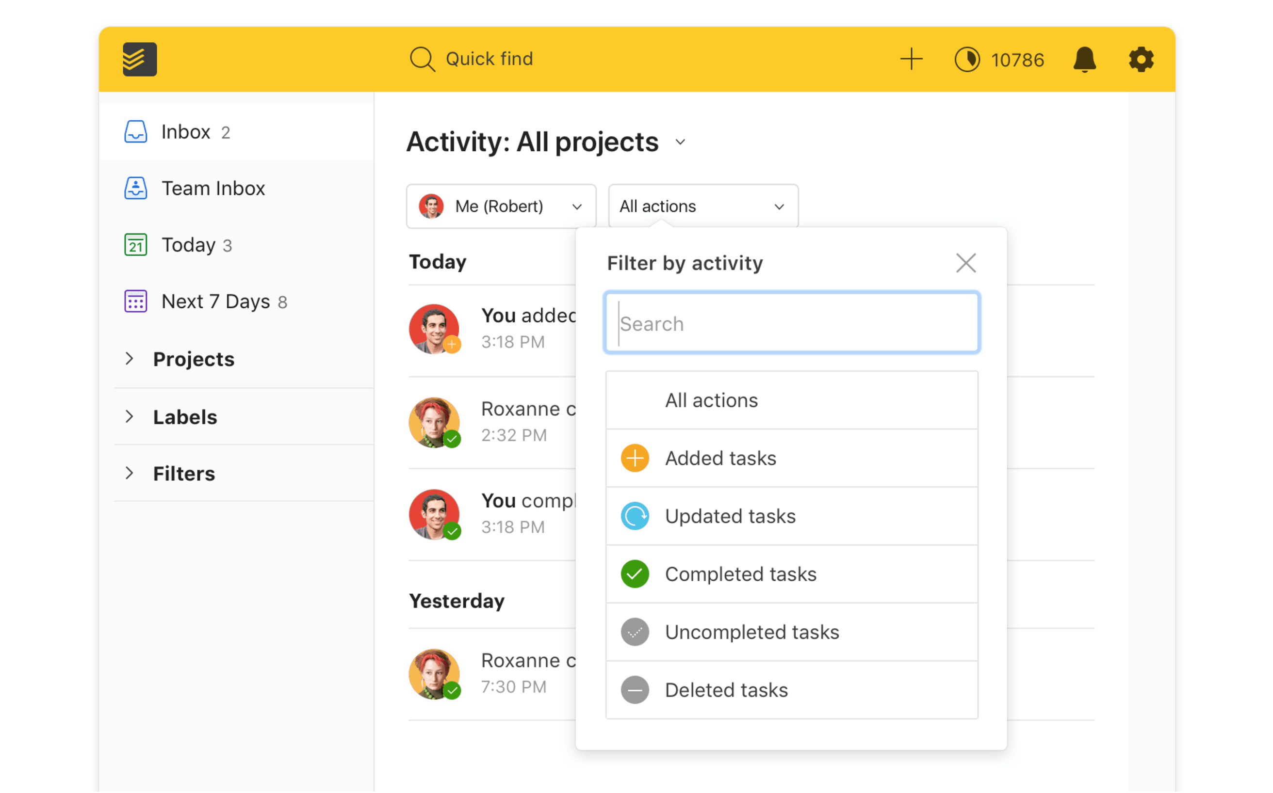 todoist business activity log user interface