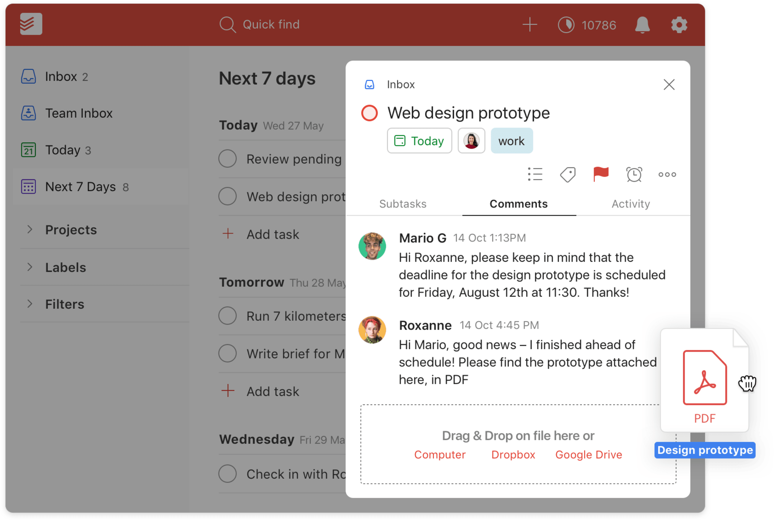 todoist pro feature task comments user interface