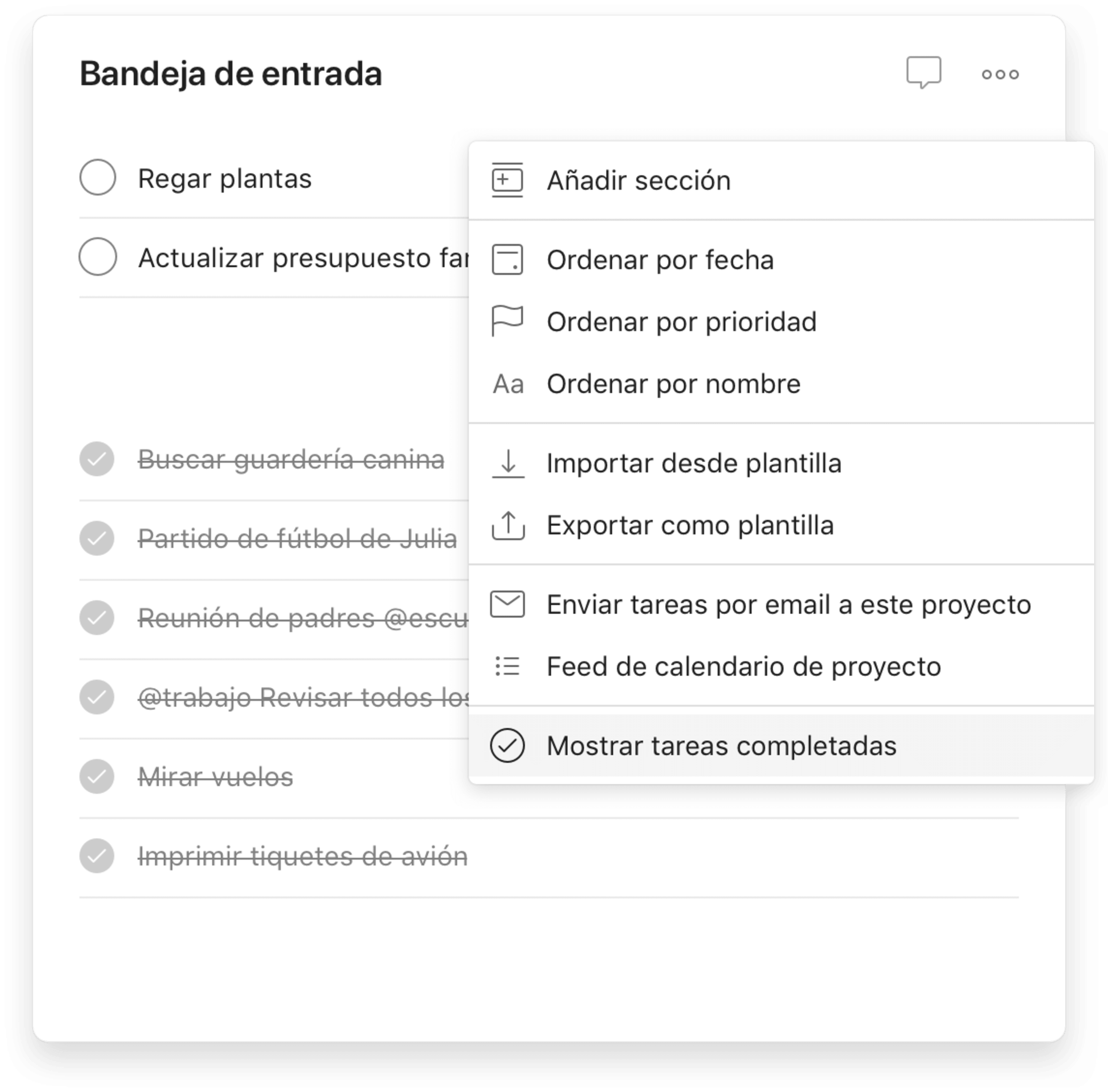 interfaz de usuario de tareas completadas en todoist