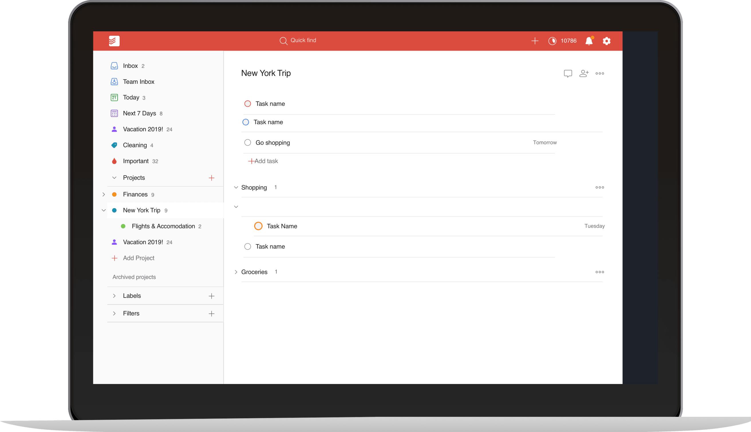 todoist on a laptop user interface