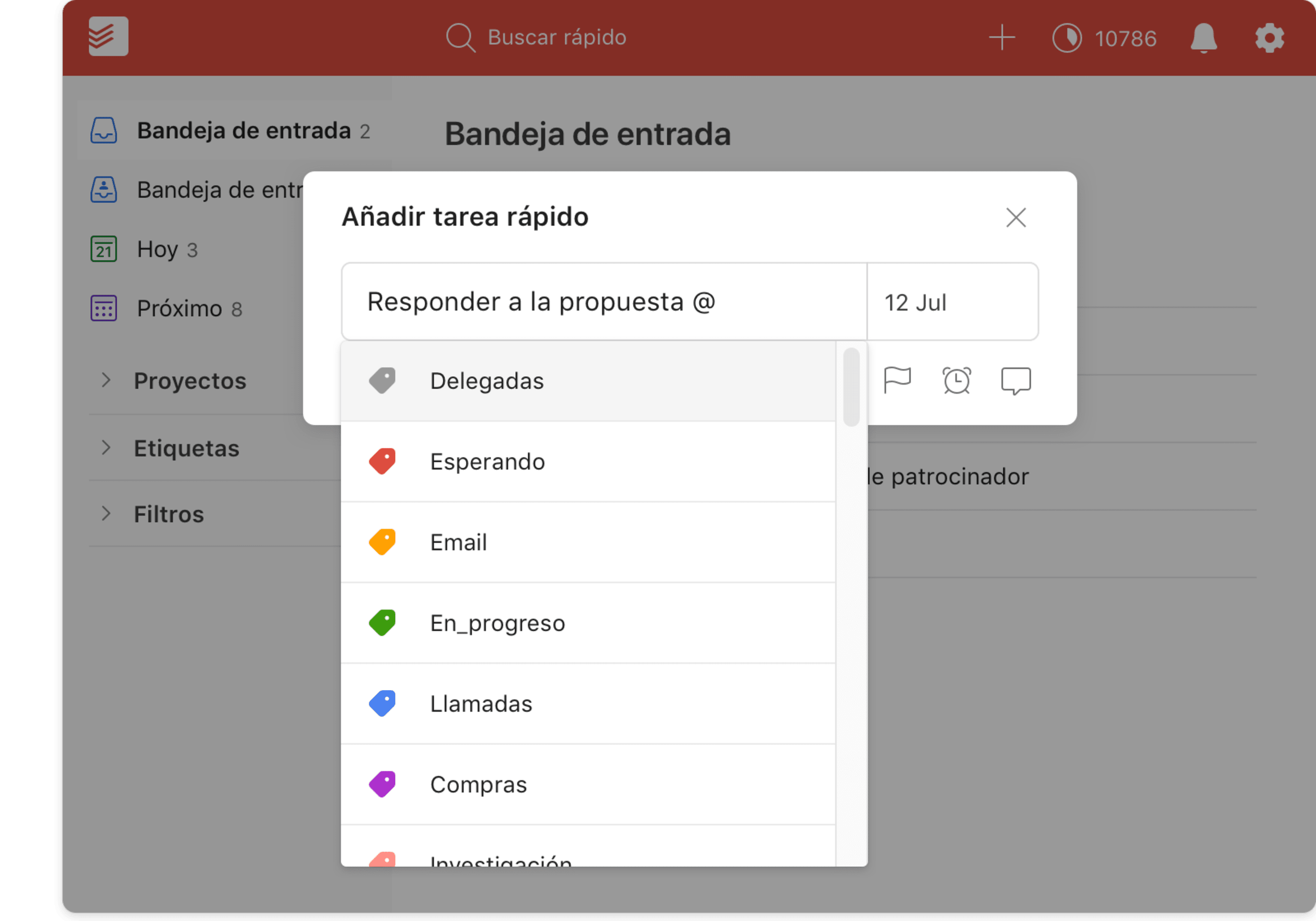interfaz de usuario de la característica etiquetas de todoist pro