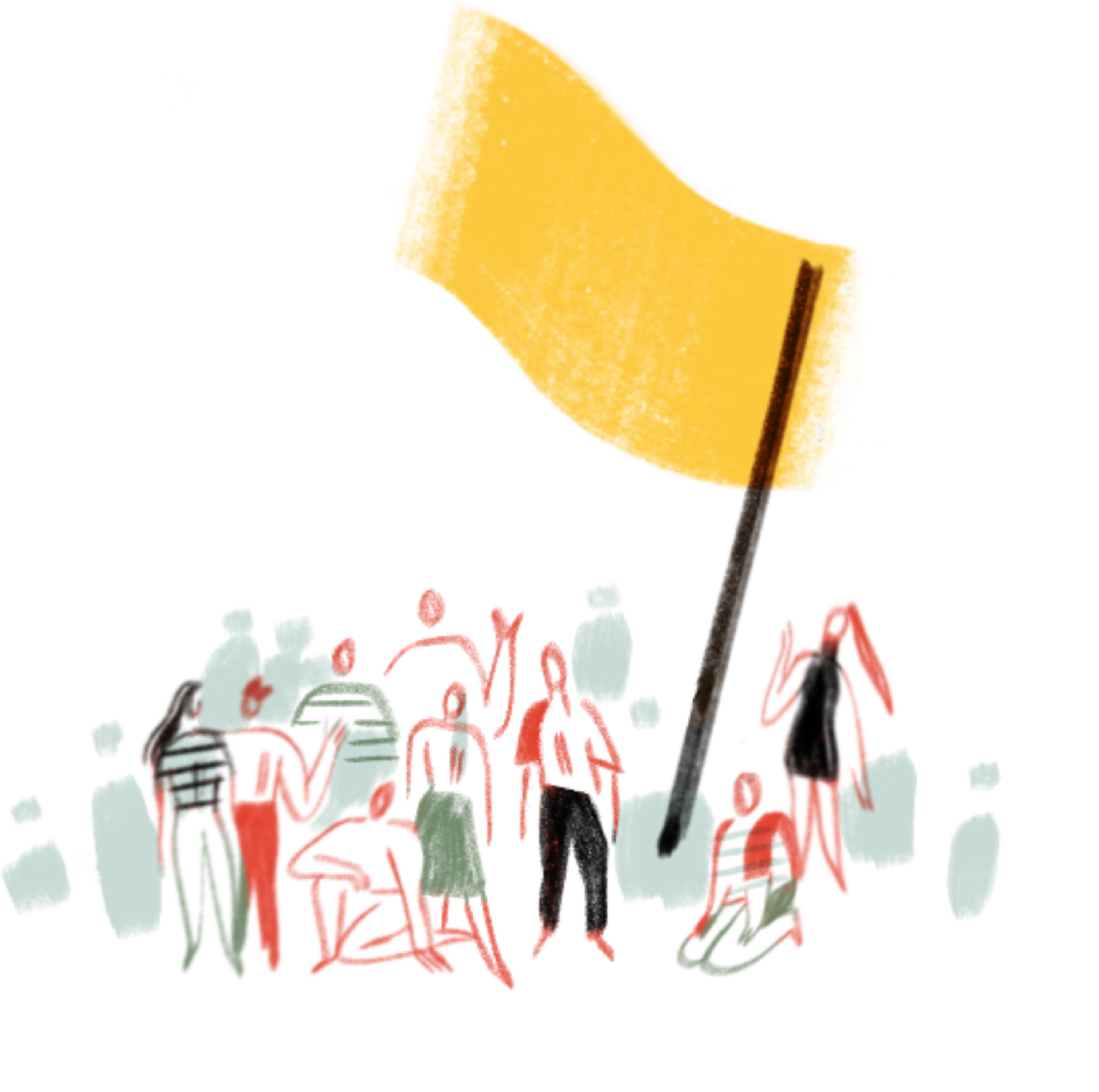 many people gathered together around a large yellow flag