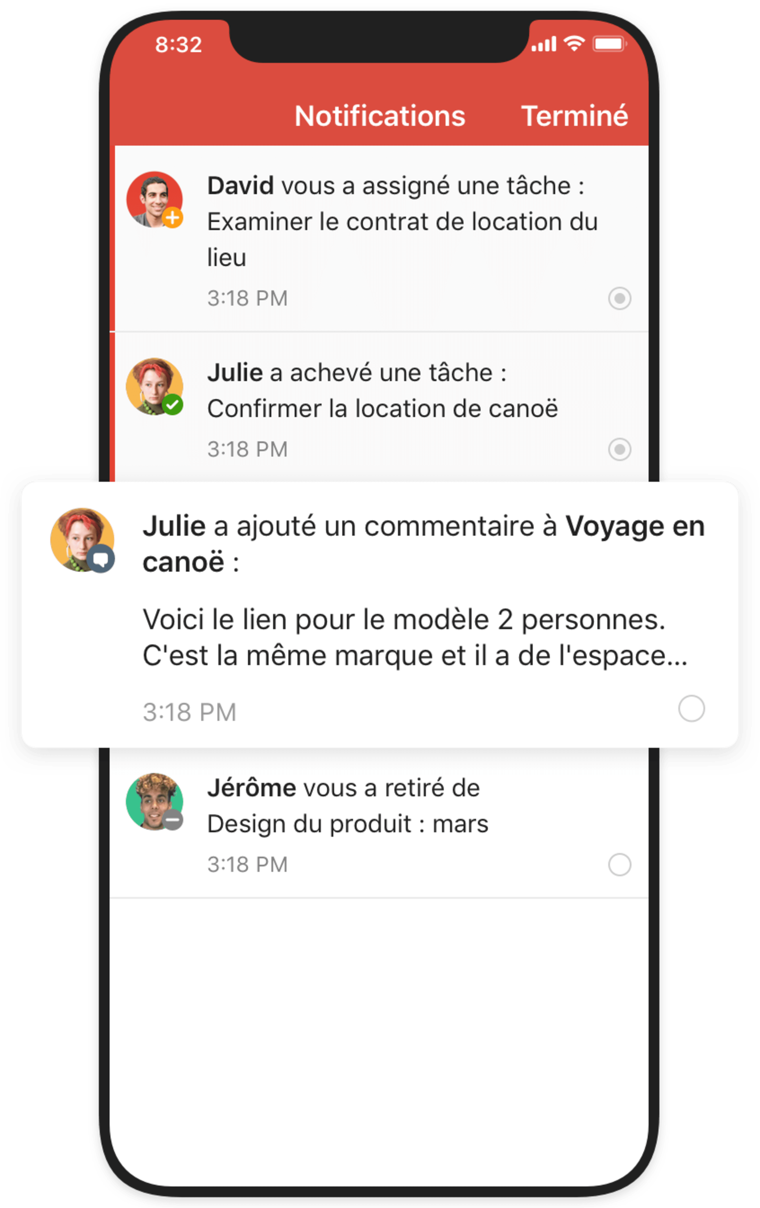 interface utilisateur mobile des notifications de Todoist