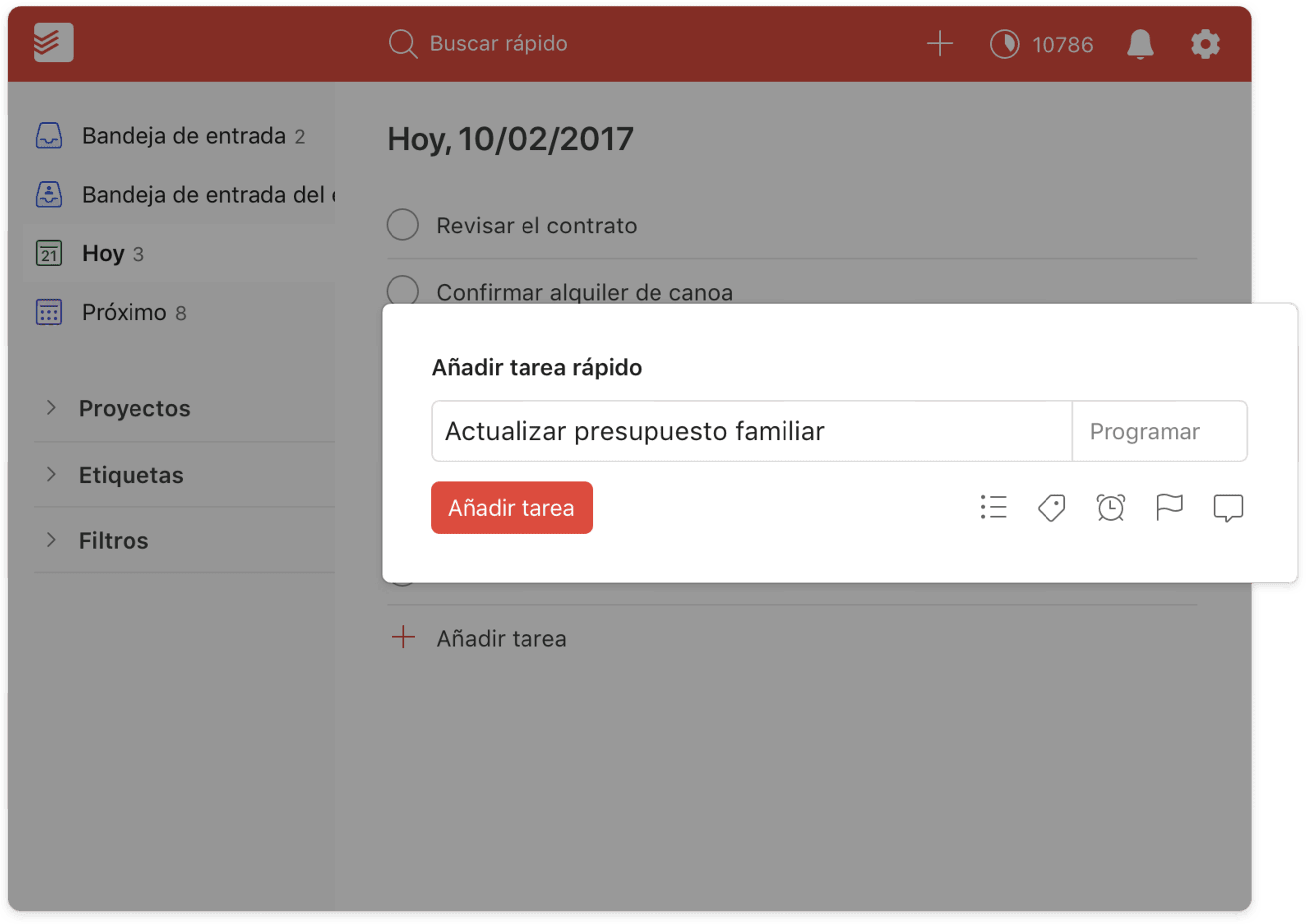 interfaz de usuario de la característica para añadir rápido de todoist